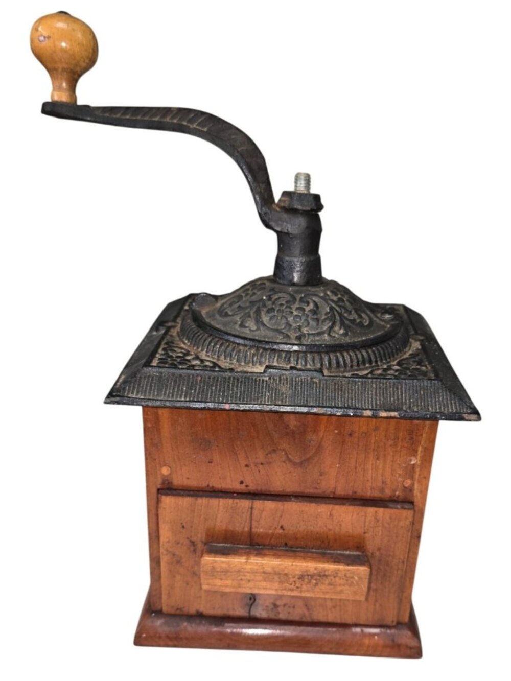 Vintage Wood Manual Coffee Grinder Cast Iron Top Hand Crank Mill Rustic Farmhous